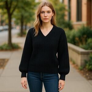 J. Crew Dark Academia Black Ribbed V-Neck Sweater Clean Girl Knit Essential L